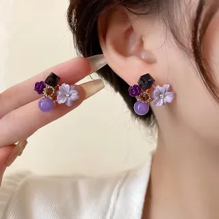 Purple Flower Crystal Stone Earrings 